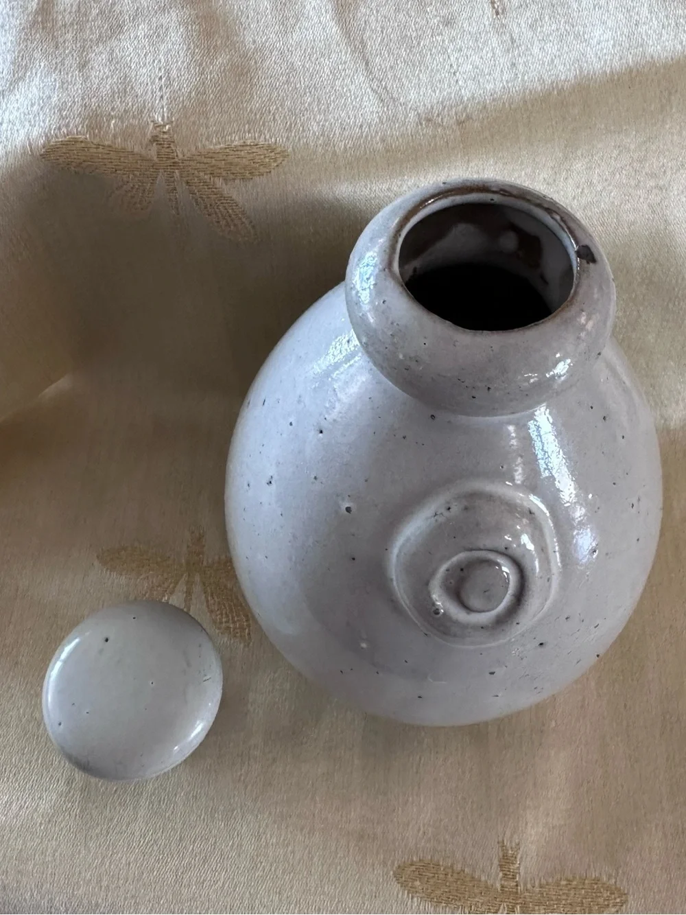 Crate & Barrel Grayish White Speckled Glazed Ceramic Stoneware Olive Oil Cruet.